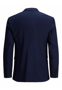 Marineblauer Blazer mit Reverskragen, einfacher Rückenventilation und vier schwarzen Knopfakzenten an den Ärmeln. Glattes, maßgeschneidertes Gewebe.