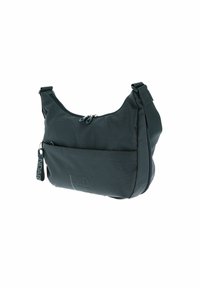 Borsa a spalla in tessuto nero con due scomparti con zip, tracolla regolabile, branding testuale sottile e finitura testurizzata.