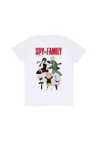 Bílý bavlněný tričko se vzorem čtyř postav z "SPY x FAMILY" v různých oblečeních a barvách, s červeným textem.