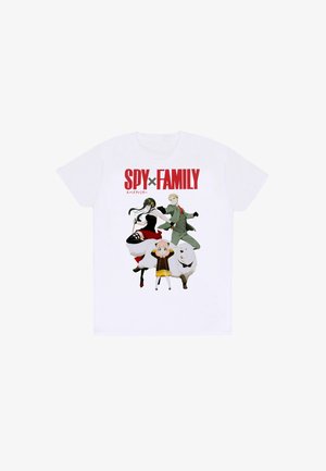 Weißes Baumwoll-T-Shirt mit einem gedruckten Design von vier Charakteren aus "SPY x FAMILY" in verschiedenen Outfits und Farben, mit rotem Text.