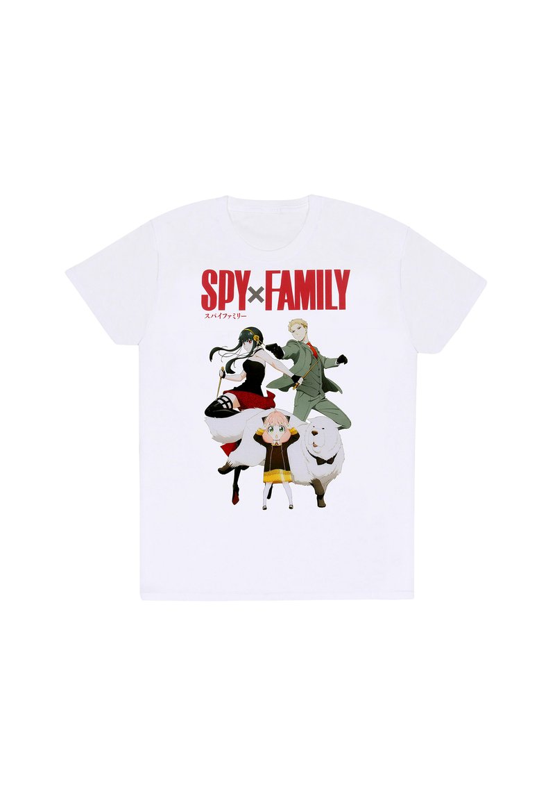 Bílý bavlněný tričko se vzorem čtyř postav z "SPY x FAMILY" v různých oblečeních a barvách, s červeným textem.