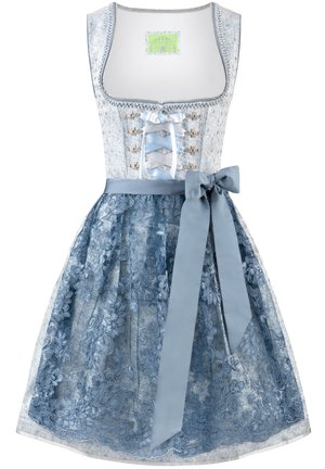 Himmelblaues Dirndl mit tailliertem Mieder, Schnürung vorne und einem Rock mit Spitzenüberzug. Verfügt über einen Satin-Gürtel mit einer Schleife und floralen Akzenten.