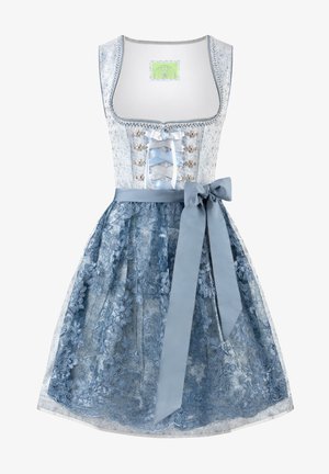 Himmelblaues Dirndl mit tailliertem Mieder, Schnürung vorne und einem Rock mit Spitzenüberzug. Verfügt über einen Satin-Gürtel mit einer Schleife und floralen Akzenten.