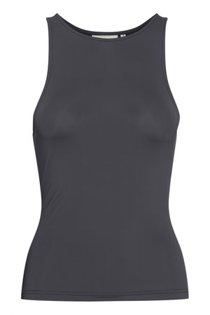 Mørkegrå ermeløs topp med rund hals, laget av glat stoff, med en tettsittende fasong og rene sømdetaljer.