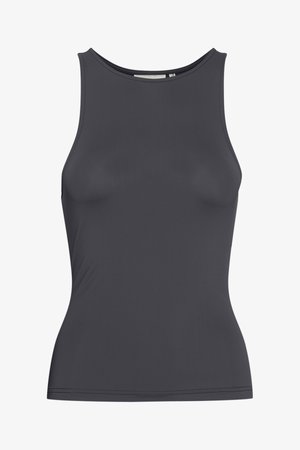 Mørkegrå ermeløs topp med rund hals, laget av glat stoff, med en tettsittende fasong og rene sømdetaljer.