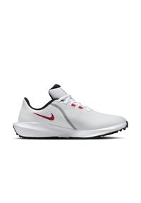 Pantofi sport albi cu accente roșii și guler negru. Parte superioară texturată, design ușor, talpă cu amortizare și talpă din cauciuc pentru aderență.