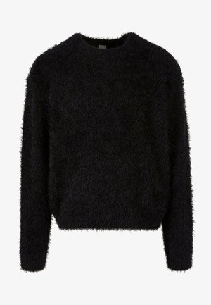 Czarny, puszysty sweter, okrągły dekolt, długie rękawy, miękka struktura, luźny krój, minimalne szwy, brak widocznych zapięć lub wzorów.