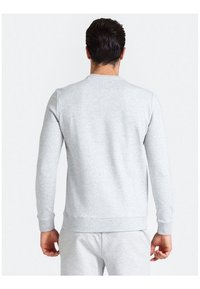 Grå sweatshirt med lange ærmer, rund hals og ribbede manchetter og kant. Lavet af blødt, struktureret stof, enkelt design uden udsmykninger.