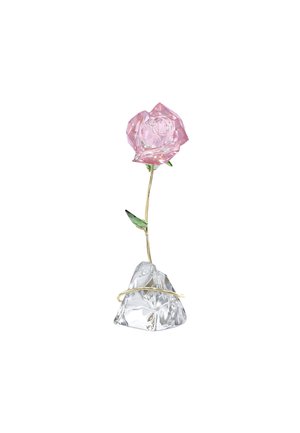 Pink crystal rose with faceted petals, green leaves, and a gold-tone stem mounted on a clear crystal base with a smooth texture.