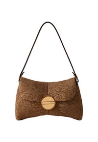 Brown textured shoulder bag with a curved shape, featuring a gold circular clasp and a black strap. Distinctive pebbled exterior.