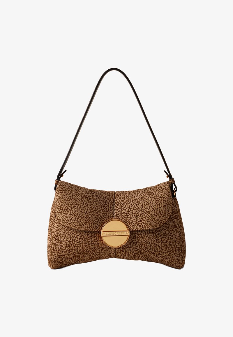 Brown textured shoulder bag with a curved shape, featuring a gold circular clasp and a black strap. Distinctive pebbled exterior.