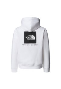 Hanorac alb cu glugă, realizat dintr-un material moale, având pe spate un logo dreptunghiular negru cu textul „NU TE OPRI DIN EXPLORAT” dedesubt.