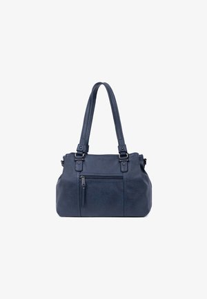 Marineblauwe neplederen handtas met twee schouderbanden, een ritsvak aan de voorkant en een gestructureerd oppervlak. Voorzien van accenten in zilverkleurige hardware.