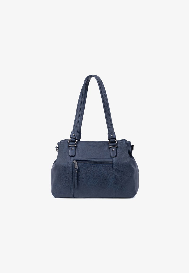 Marineblauwe neplederen handtas met twee schouderbanden, een ritsvak aan de voorkant en een gestructureerd oppervlak. Voorzien van accenten in zilverkleurige hardware.