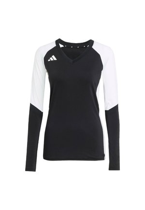 Czarna sportowa bluzka z długim rękawem, z dekoltem w kształcie V, białymi akcentami na rękawach, wykonana z materiału odprowadzającego wilgoć, z logo na klatce piersiowej.