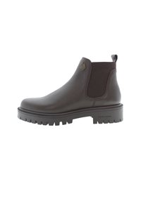 Bota Chelsea de cuero marrón con paneles elásticos en los lados, suela de goma texturizada y un acento de marca en el talón. Diseño de puntera redondeada.