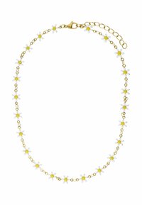 Goudkleurige kettinghalsband met kleine witte madeliefjes met gele centra, verspreid door het ontwerp, beveiligd met een karabijnsluiting.