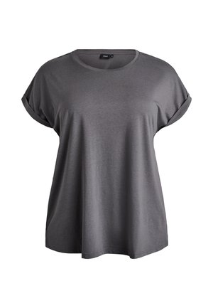 Gray short-sleeve t-shirt with a round neckline, relaxed fit, soft fabric, and rolled cuffs. Smooth texture with no visible patterns or accents.