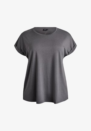 Hall halli lühikeste varrukatega T-särk ümar kaelusega, lõdva lõikega, pehmest kangast ja ülesrullitud varrukaservadega. Sile tekstuur, nähtavate mustrite või aktsentideta.