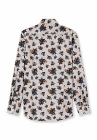 Langärmeliges Hemd in hellem Beige mit einem floralen Muster in Blau-, Braun- und Schwarztönen. Klassischer Kragen und knöpfbare Manschetten.