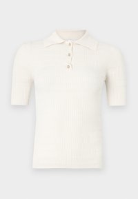 Krémové rebrované polo tričko s krátkymi rukávmi, vybavené plochým golierom a tromi ozdobnými gombíkmi na výstrihu. Hladká textúra.