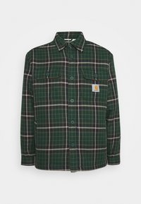 Groene geruite flanellen shirt met twee borstzakken, knoopsluiting en een logopatch. Heeft een relaxte pasvorm en een zachte textuur.