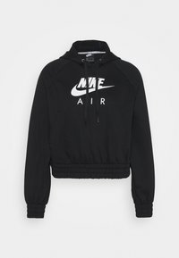 Black cropped sweatshirt with a hood, featuring white "NIKE AIR" logo on the front, ribbed cuffs, and an elastic waistband. Soft material.