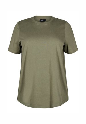 Olivenfarbener Kurzarm-T-Shirt aus weicher Baumwolle, mit rundem Halsausschnitt und lockerem Schnitt für Komfort und Bewegungsfreiheit.