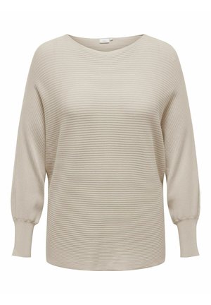 Beige ribbed sweater with a wide neckline, long sleeves, and a relaxed fit. Textured fabric and subtle stitch detailing on sleeves.