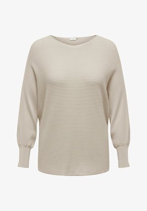 Maglione beige a costine con scollatura ampia, maniche lunghe e vestibilità rilassata. Tessuto testurizzato e dettagli di cucitura subtile sulle maniche.