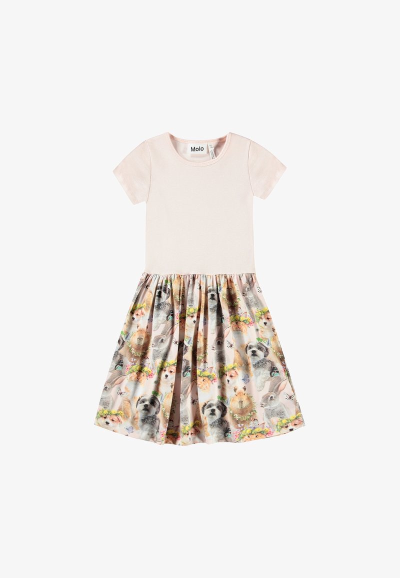 Robe à manches courtes avec un haut rose uni et une jupe plissée à motifs comportant des animaux avec des accents floraux. Tissu doux, divers motifs animaliers.