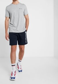 Grå bomullströja med rund halsringning, tillsammans med marinblå shorts med vit branding på sidan. Röda, blå och vita sneakers fulländar looken.