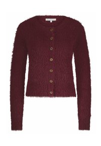 Bordeaux fuzzy cardigan met een ronde hals, lange mouwen en zes bruine knopen aan de voorkant. Zachte structuur en cropped ontwerp.