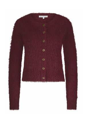 Bordeaux fuzzy cardigan met een ronde hals, lange mouwen en zes bruine knopen aan de voorkant. Zachte structuur en cropped ontwerp.