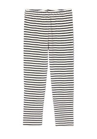 Striped leggings with a white base and navy horizontal stripes, featuring an elastic waistband and a soft texture.