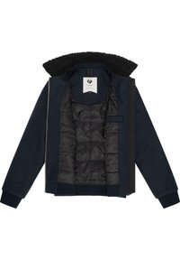 Navy jacket with a textured black shearling collar, zip closure, and quilted satin interior. Includes a chest pocket and ribbed cuffs.