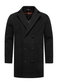 Čierny vlnený peacoat s dvojradovým zapínaním, veľkými klopami a bočnými vreckami. Hladká textura s klasickým dizajnom.