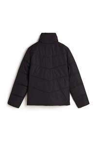 Doudoune noire avec un col haut, présentant un motif en chevrons. Le matériau est lisse et légèrement brillant avec des détails cousus.