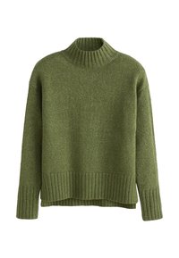 Pull en maille vert avec un col à côtes haut, des poignets côtelés et un ourlet côtelé, présentant une coupe légèrement ample et des épaules basses.