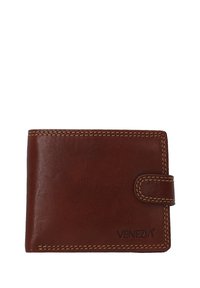 Brown leather wallet featuring a smooth texture, stitched accents, and a snap closure. Embossed logo on the front. Compact rectangular shape.