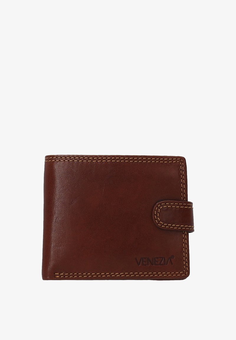 Brown leather wallet featuring a smooth texture, stitched accents, and a snap closure. Embossed logo on the front. Compact rectangular shape.