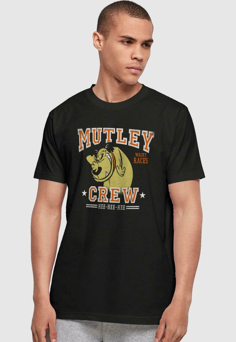 Black cotton t-shirt featuring "MUTLEY CREW" and “WACKY RACES” graphics with a cartoon dog illustration in yellow and orange accents.