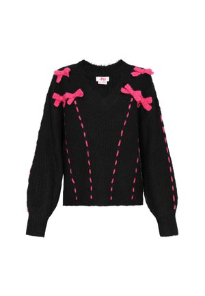 Sort strikket sweater med V-hals, prydet med lyserøde sløjfedetaljer på skuldrene og kontrasterende lyserøde sting langs kroppen.