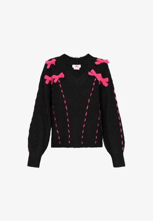 Zwarte gebreide trui met V-hals, voorzien van roze strikaccenten op de schouders en contrasterende roze stiksel details langs het lichaam.