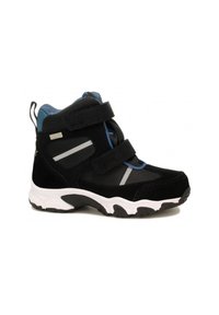 Scarpa mid-top in suede nera con strisce argento e accentuazioni blu, dotata di cinturini in Velcro e suola in gomma bianca con battistrada testurizzato.