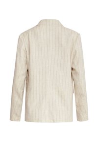 Beige blazer met verticale streepjes, enkelzijdig ontwerp, geknipte revers en lange mouwen. Stoftextuur lijkt glad, met een getailleerde pasvorm.