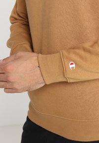 Felpa marrone con polsini e fondo a costine. Presenta un piccolo logo ricamato in rosso e bianco sulla manica sinistra. Tessuto morbido e testurizzato.