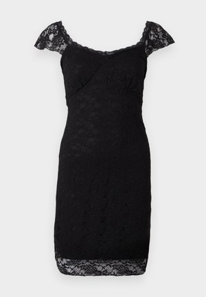 Sort blondekjole med korte flagrende ærmer, tætsiddende design, rund halsudskæring og intrikate blomstermønstre over hele kjolen. Kanten afsluttes med blonde.