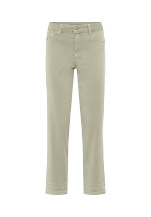 Hellbeige gerade geschnittene Hose mit Knopf vorne, Reißverschluss, Gürtelschlaufen und Vordertaschen vor weißem Hintergrund.