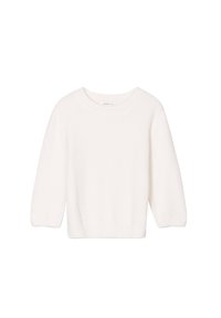 Pull en tricot blanc, doux, avec un col rond, des manches trois quarts et une coupe décontractée. Texture lisse, design minimal, sans motifs ni accents.